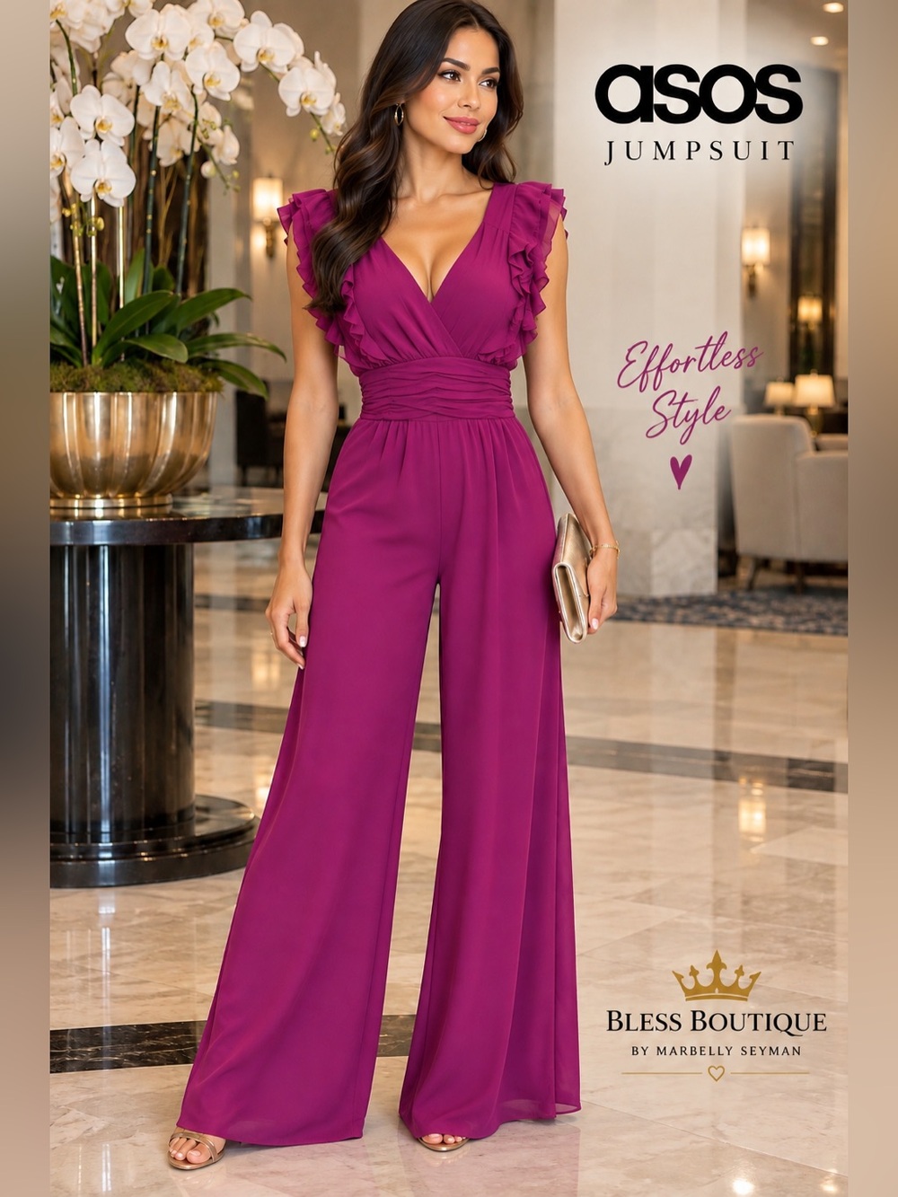 ASOS Magenta Ruffle V-Neck Ruched Waist Wide Leg Jumpsuit US 2